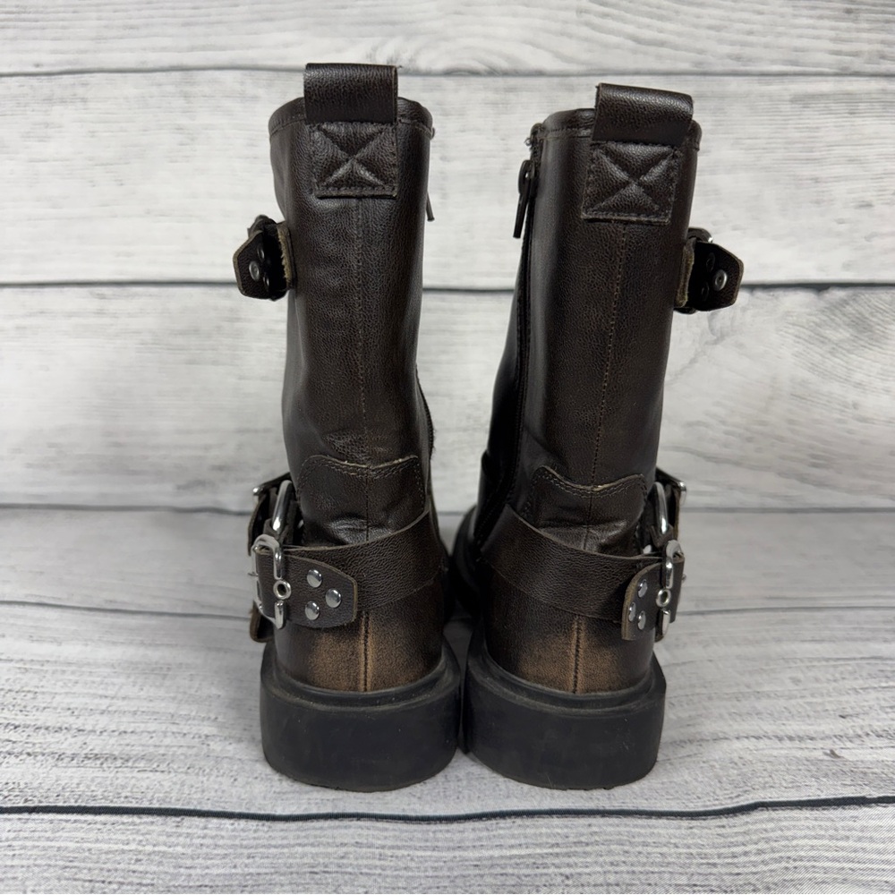 Zara Girls Distressed Motto Biker Dark Brown Buckle Harness Zippered Boots Sz 33 - Picture 4 of 11
